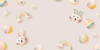 粉色梦幻复活节兔子彩蛋彩虹白云云朵展板背景